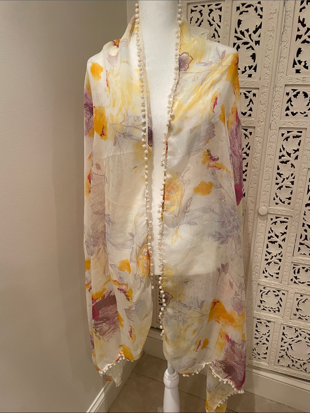 Lightweight Floral Scarf Wrap in White, Yellow & Purple